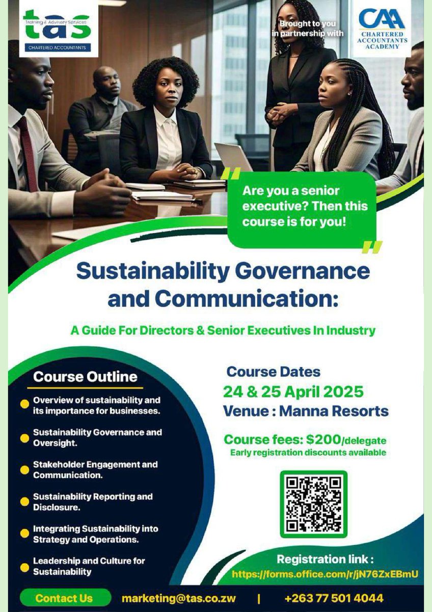 TAS_technical's tweet image. Join us for the Sustainability Governance &amp;amp; Communication Workshop on 24–25 April 2025 and gain the tools to navigate sustainability in the boardroom.

📍 Register now: forms.office.com/r/jN76ZxEBmU

📞 Contact: marketing@tas.co.zw | +263 775 014 044
#Sustainability  #IFRS