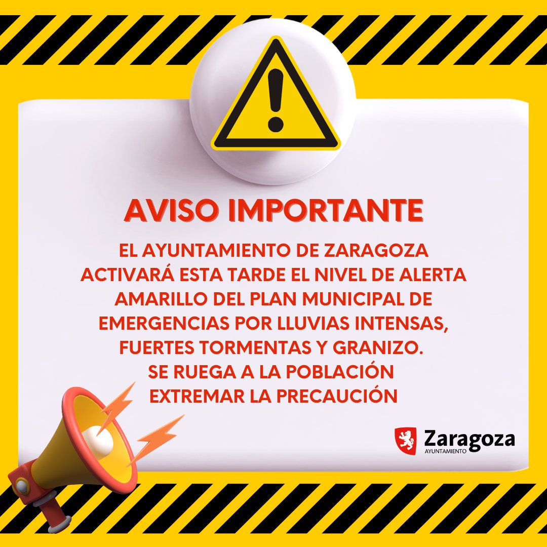 ‼️⚠️AVISO IMPORTANTE ⚠️‼️
Zaragoza activa HOY de 14:00 a 21:59h. el Plan Municipal de Emergencias por lluvias intensas, tormenta y granizo.
Se ruega extremar la precaución y evitar desplazamientos innecesarios.
Se vigilarán todas las vías rodadas y la circulación del tráfico en