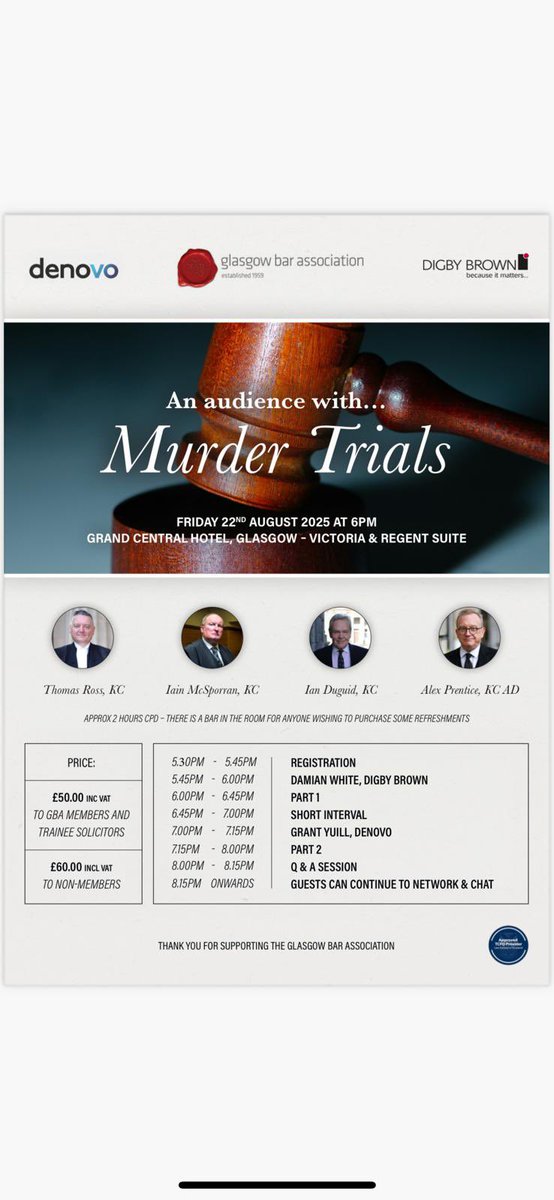 Glasgow Bar Association (@glasgowbarassoc) on Twitter photo Please email me if you wish to book a space - info@glasgowbarassociation.co.uk
***Please note that this event is strictly for solicitors, trainee solicitors, para legals, court staff and justice partners only.*** Please email me if you wish to book a space - info@glasgowbarassociation.co.uk
***Please note that this event is strictly for solicitors, trainee solicitors, para legals, court staff and justice partners only.***