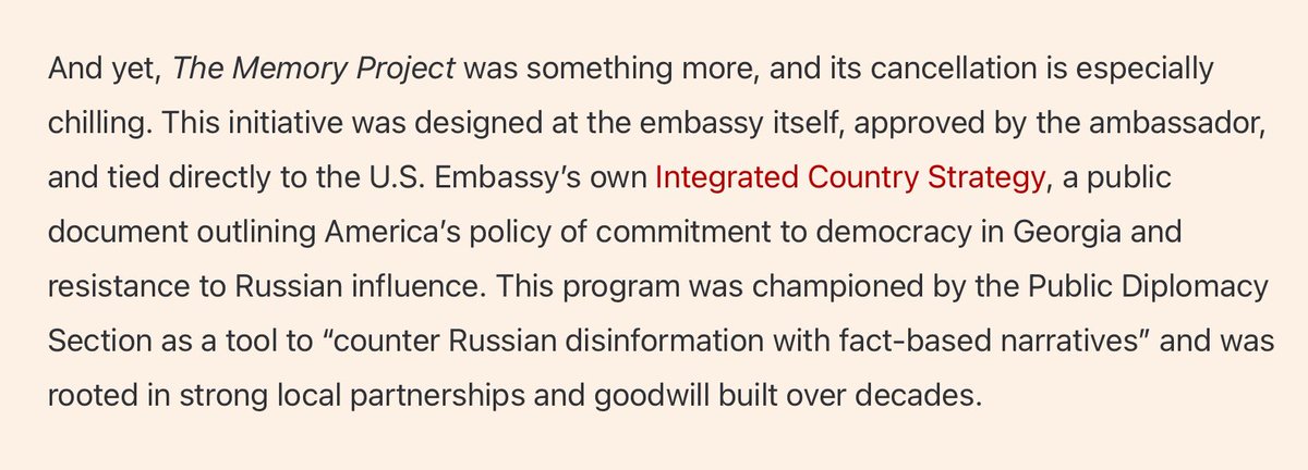Last year the US Embassy in Tbilisi designed a historical initiative in Georgia. This “memory project” was developed as a tool of US political influence and public diplomacy to financially support &amp; reinforce a negative view of the Soviet Union among some academics &amp; NGOs (a 🧵)