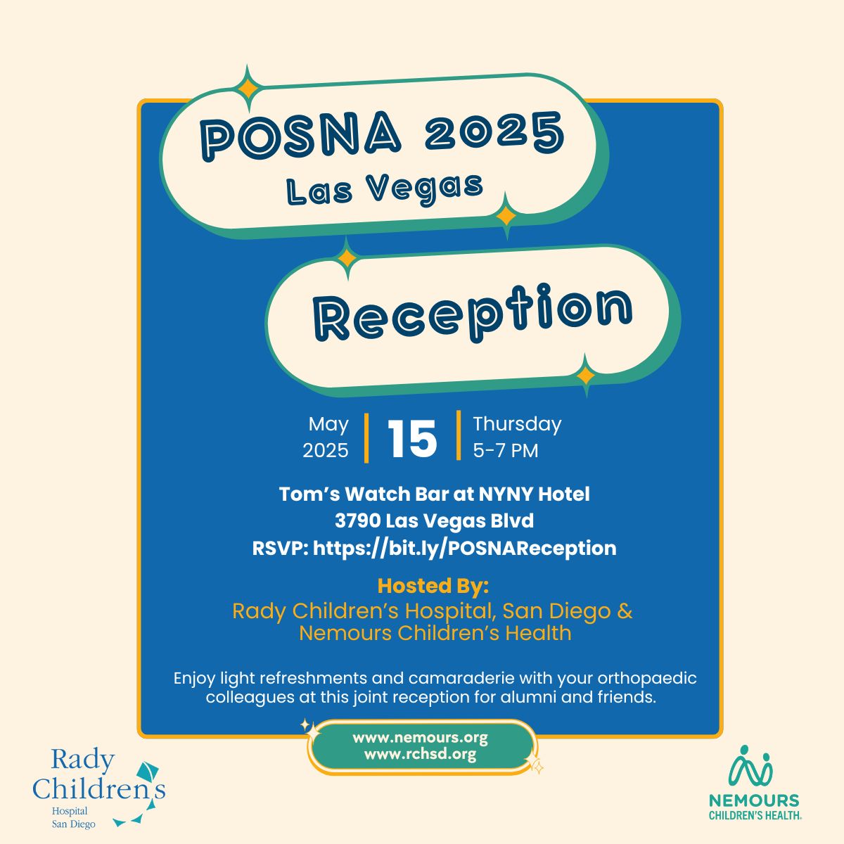 #POSNA2025 is just one month away! Many from our <a href="/Nemours/">Nemours Children's Health</a> Ortho team will be attending this important meeting. In addition, we are hosting a reception for our friends and family in partnership with <a href="/radychildrens/">Rady Children's Hospital-San Diego</a>. If you plan on attending, please RSVP here: