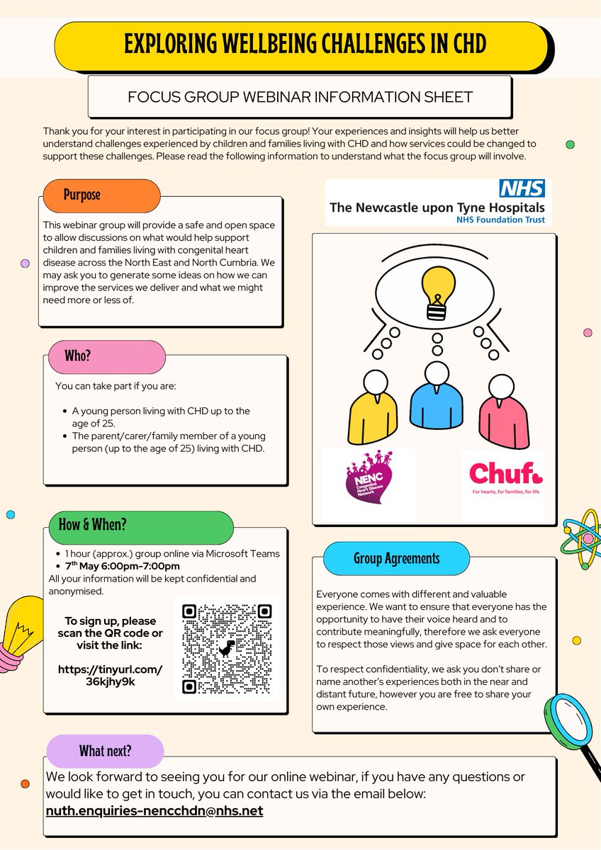 North East and North Cumbria CHD network (@nenc_chdn) on Twitter photo 📣'Exploring wellbeing challenges in CHD'
⏰6pm-7pm
🗓️7th May 2025
📍Teams webinar
🔗You register your place by scanning the QR code or by following the link here: tinyurl.com/36kjhy9k
✉️Any questions? Please get in touch using the email: nuth.enquiries-nencchdn@nhs.net 📣'Exploring wellbeing challenges in CHD'
⏰6pm-7pm
🗓️7th May 2025
📍Teams webinar
🔗You register your place by scanning the QR code or by following the link here: tinyurl.com/36kjhy9k
✉️Any questions? Please get in touch using the email: nuth.enquiries-nencchdn@nhs.net