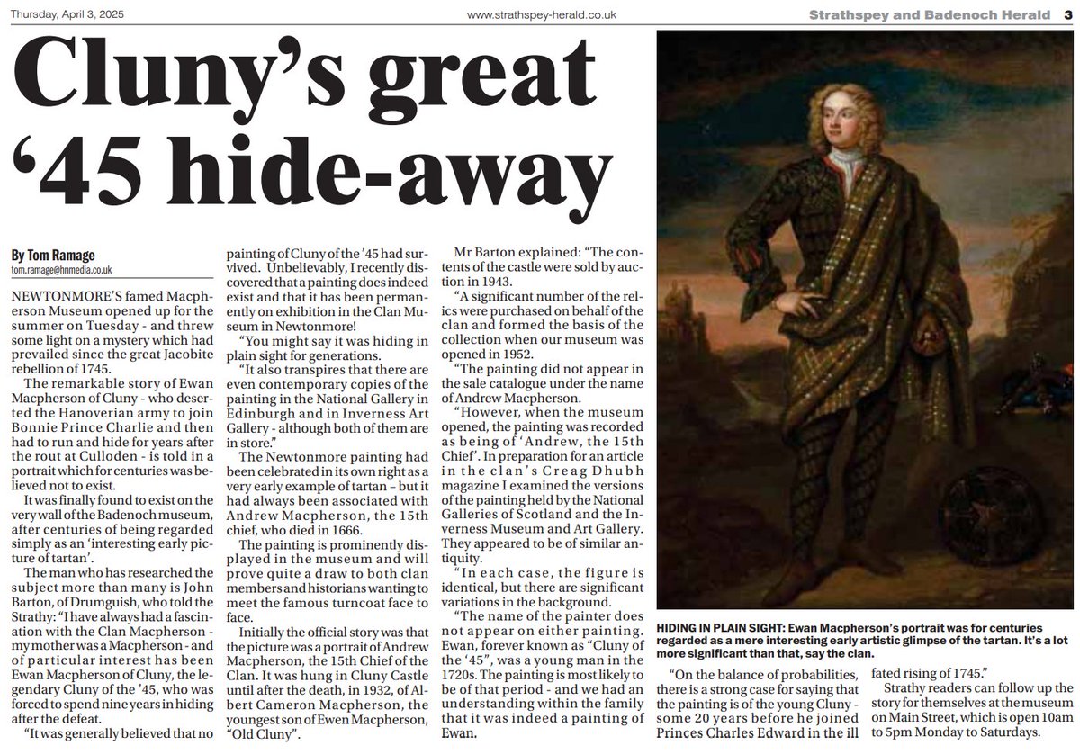 Clan Macpherson Museum (@cmacphersonm) on Twitter photo Thanks to the <a href="/StrathyHerald/">Strathspey & Badenoch Herald</a> for this excellent feature on Cluny of the ‘45! It offers a fascinating glimpse into one of the portraits on display within our collection 🖼️
Pop into the #ClanMacpherson #Museum this season to see it for yourself!
⏰ Mon-Sat 10am-5pm | Sun 12-5pm Thanks to the <a href="/StrathyHerald/">Strathspey & Badenoch Herald</a> for this excellent feature on Cluny of the ‘45! It offers a fascinating glimpse into one of the portraits on display within our collection 🖼️
Pop into the #ClanMacpherson #Museum this season to see it for yourself!
⏰ Mon-Sat 10am-5pm | Sun 12-5pm