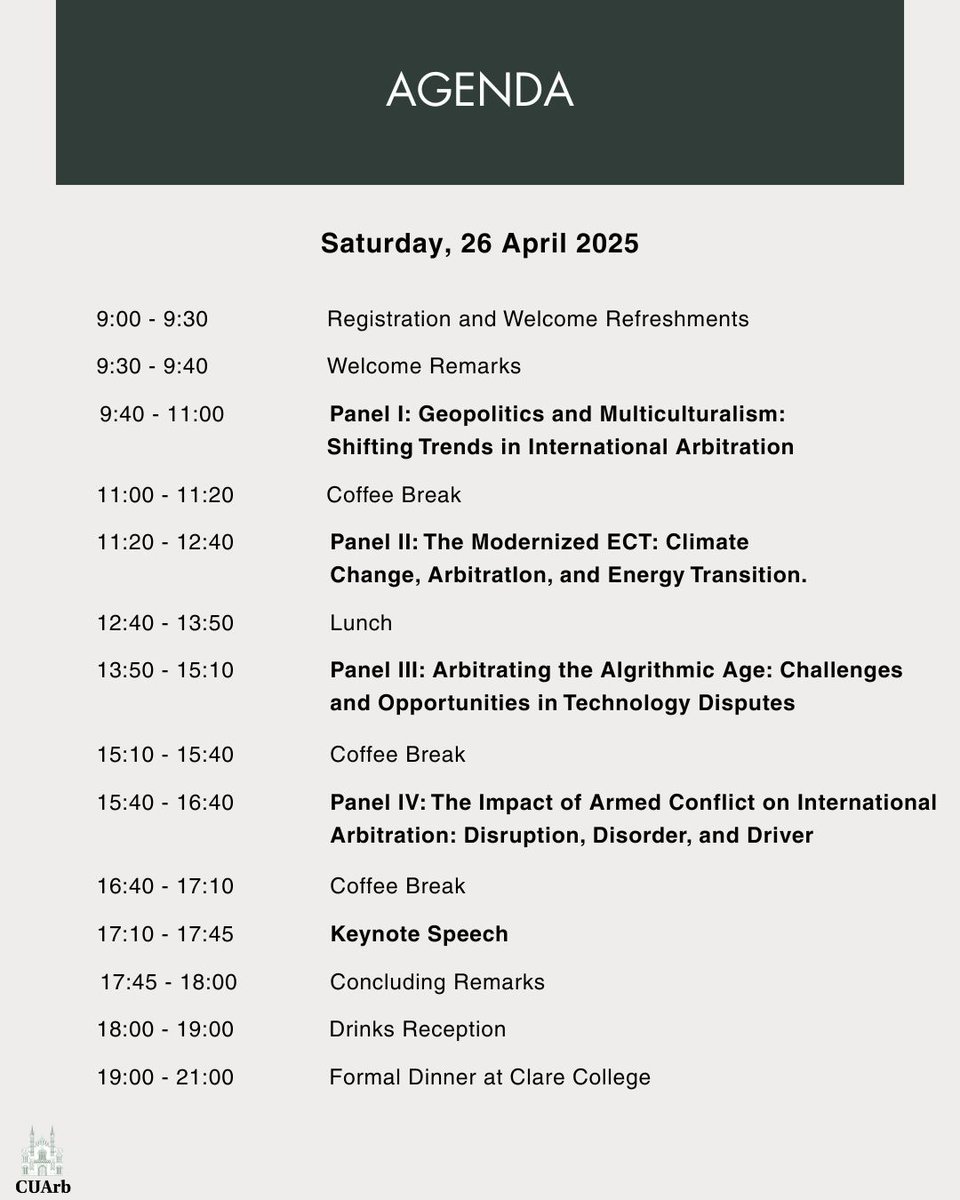 CUA_rb's tweet photo. The Agenda for the 10th Cambridge Arbitration Day!

#UniversityofCambridge #Arbitration https://t.co/dD5X5bcfeo