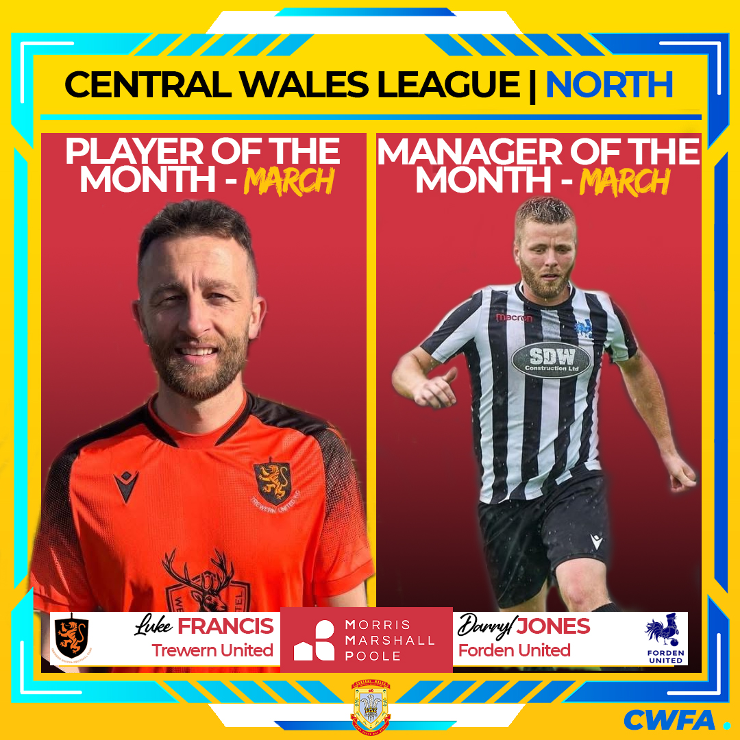 Central Wales FA (@centralwalesfa) on Twitter photo Congratulations to <a href="/TrewernFC/">Trewern United F.C.</a>'s Luke Francis and <a href="/FordenUnited/">CPD Forden United</a>'s Darryl Jones on being named the Player and Manager of the Month for March respectively in the <a href="/MMPestateagents/">Morris Marshall</a> CENTRAL WALES LEAGUE NORTH 👏 #CWFA Congratulations to <a href="/TrewernFC/">Trewern United F.C.</a>'s Luke Francis and <a href="/FordenUnited/">CPD Forden United</a>'s Darryl Jones on being named the Player and Manager of the Month for March respectively in the <a href="/MMPestateagents/">Morris Marshall</a> CENTRAL WALES LEAGUE NORTH 👏 #CWFA