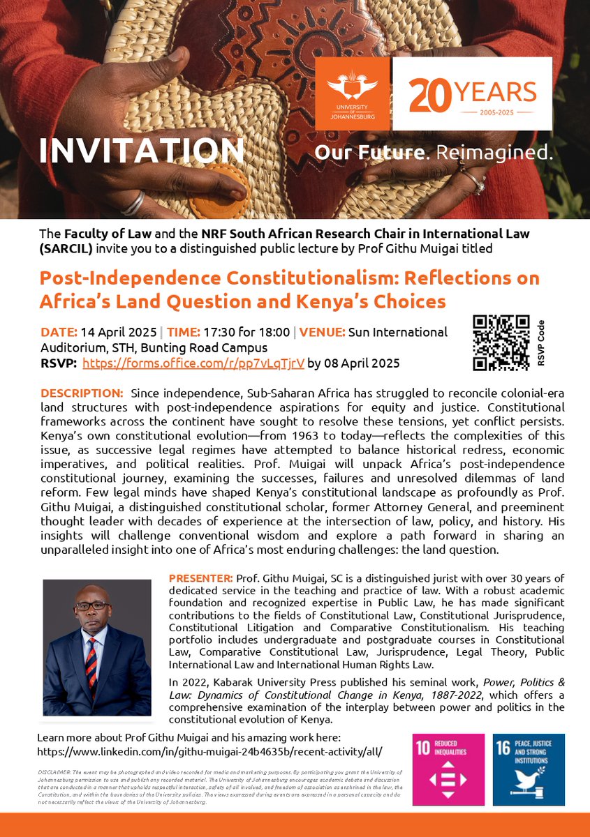Our Senior Partner, Prof Githu Muigai, SC, will be delivering a Public Lecture on “Post-Independence Constitutionalism: Reflections on Africa’s Land Question and Kenya’s Choices” today, 14 April 2025, at the University of Johannesburg from 5:30 PM. 

linkedin.com/posts/mohammed…