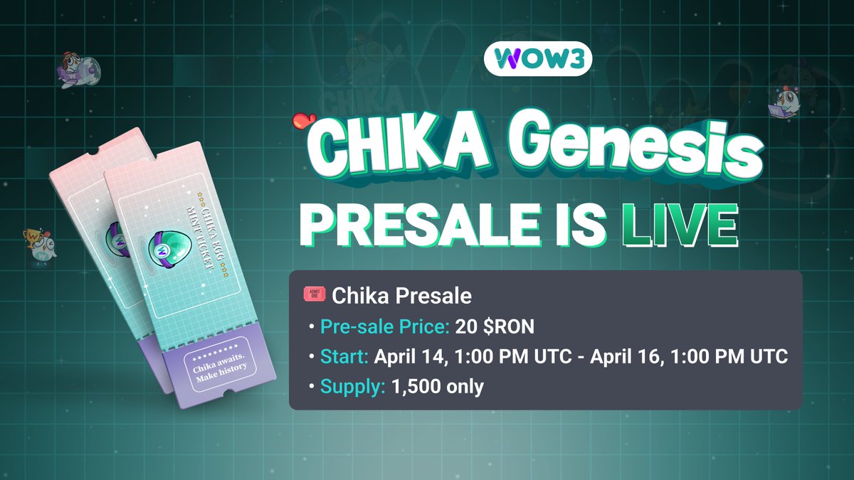 WOW3_Official's tweet photo. 🎟 The WOW3 CHIKA Genesis Presale is NOW LIVE! 

1️⃣5️⃣0️⃣0️⃣ Chika are up for grabs in this limited drop open for 2 days only🫡  

🛒 Once they're gone… they're eggs-tinct.

👉 Grab yours now at @Ronin_Network Market: https://t.co/1nl7MFUiN6

#ChikaNFT #WOW3 #Ronin