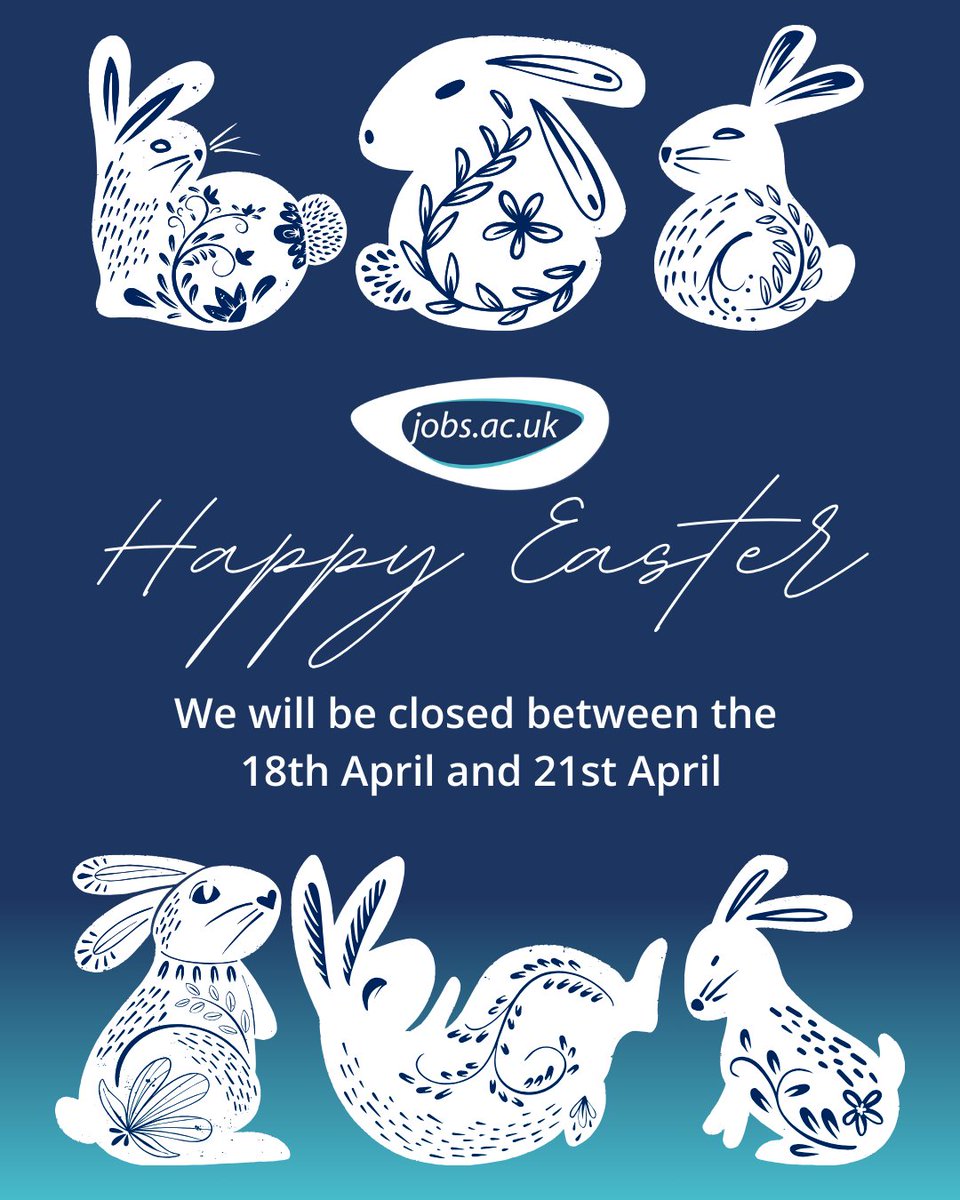 jobsacuk's tweet image. We hope you all have a great Easter this coming weekend! 🐰

@jobsacuk will be closed between the 18th April and 21st April but you can still browse our job board and career advice articles in the meantime: jobs.ac.uk

#Easter #EasterWeekend #JobBoard #JobSearch