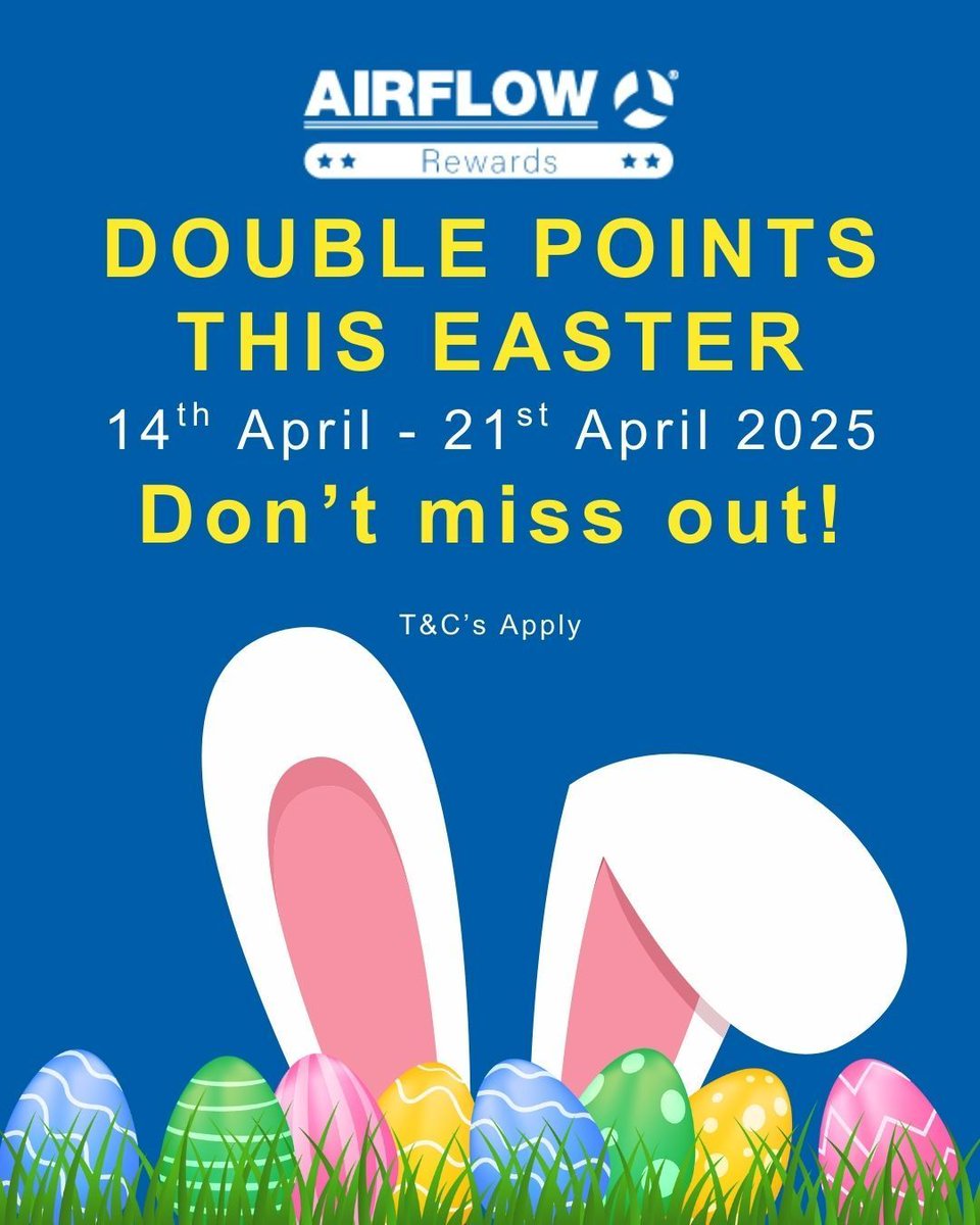 We have a sweet surprise for Easter! 🐇
 
Earn DOUBLE POINTS ⭐ on any eligible product from April 14th to April 21st.  
 
All you have to do is upload your receipts to Airflow Rewards. 🛍️ 
 
#Easter #EasterReward #DoublePoints #AirflowRewards #Ventilation #Extractorfans