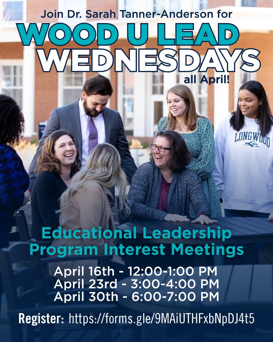 LongwoodGradStudies (@longwoodcgps) on Twitter photo 🌟 Dreaming of leadership? Start here. 🌟
Join <a href="/DoctorT_A/">Sarah Tanner-Anderson</a> Dr. for Wood U Lead Wednesdays — Zoom info sessions each week in April to learn about our <a href="/WoodULead1839/">WoodU Lead</a> program!
📅 Register now: forms.gle/9MAiUTHFxbNpDJ…
#lwgradstudies #longwoodu #WoodULead 🌟 Dreaming of leadership? Start here. 🌟
Join <a href="/DoctorT_A/">Sarah Tanner-Anderson</a> Dr. for Wood U Lead Wednesdays — Zoom info sessions each week in April to learn about our <a href="/WoodULead1839/">WoodU Lead</a> program!
📅 Register now: forms.gle/9MAiUTHFxbNpDJ…
#lwgradstudies #longwoodu #WoodULead