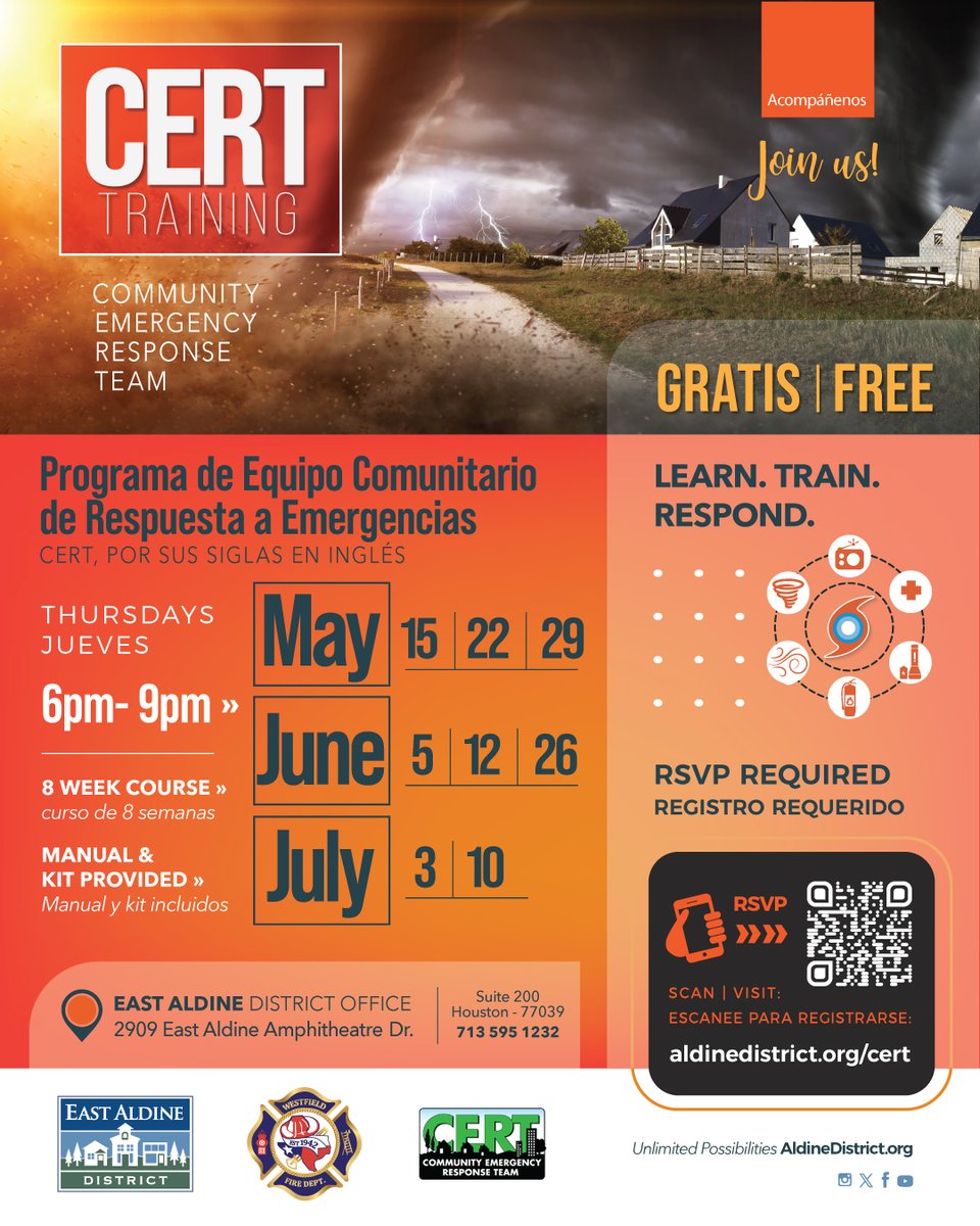 Interested in learning how to make a difference in your community during emergencies? Join the Community Emergency Response Team program. CERT teaches invaluable skills to help you and your neighbors prepare for and respond to disasters. Register at aldinedistrict.org/cert