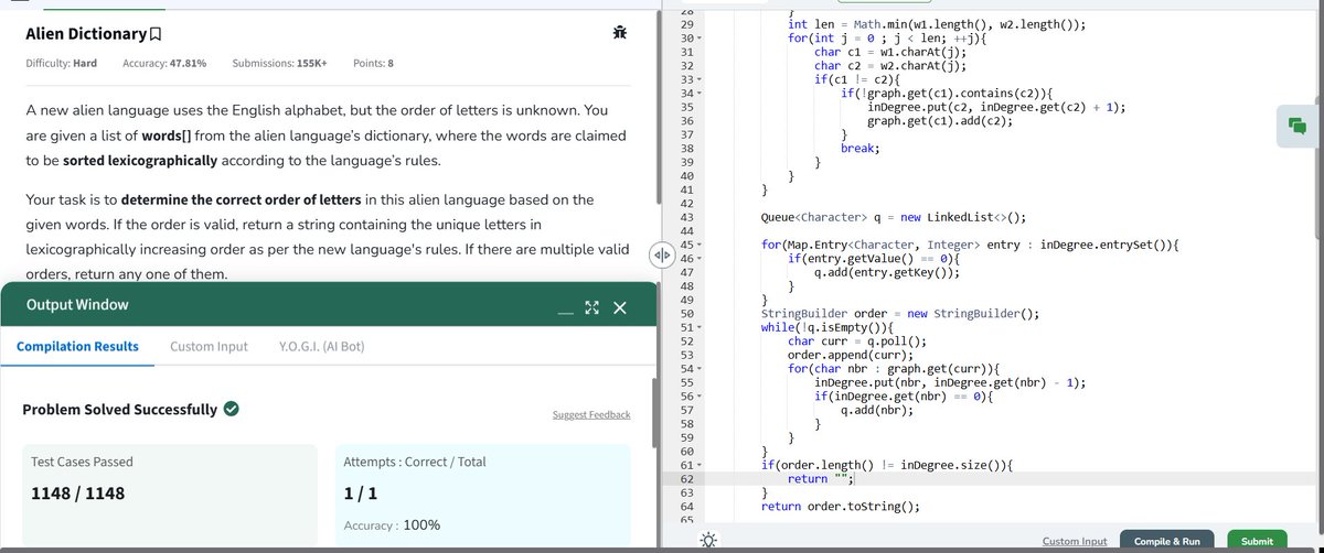 Ajinkya Walunj (@jinks4518) on Twitter photo ๐Day 150 #geekstreak2025 #gfg160
<a href="/geeksforgeeks/">GeeksforGeeks</a>
Problem - Alien Dictionary
#connect #studytwt #LearnInPublic #letsconnect #100DaysOfCode #collegestudents #geeksforgeeks #SoftwareDevelopment #CodingChallenge #SoftwareEngineering #LeetCode #potd ๐Day 150 #geekstreak2025 #gfg160
<a href="/geeksforgeeks/">GeeksforGeeks</a>
Problem - Alien Dictionary
#connect #studytwt #LearnInPublic #letsconnect #100DaysOfCode #collegestudents #geeksforgeeks #SoftwareDevelopment #CodingChallenge #SoftwareEngineering #LeetCode #potd