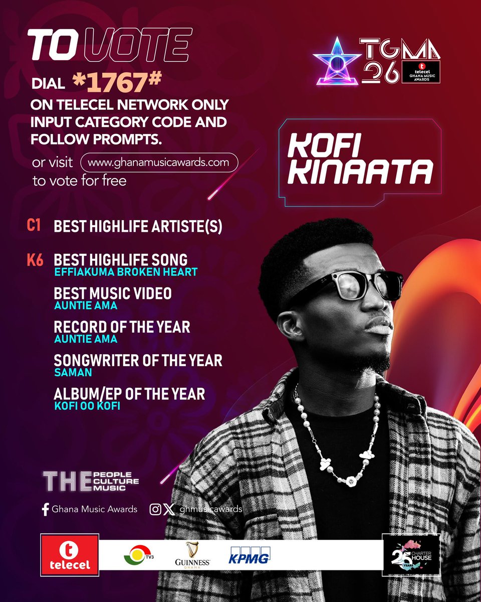 #TGMA is here.. and I’m honored to be nominated in 6 categories! Remember your VOTE can make the difference. Let’s WIN this together! Thanks for the constant support. ✌🏾😎 #TeamMooove #KofiOOKofi <a href="/GHMusicAwards/">Telecel Ghana Music Awards</a>