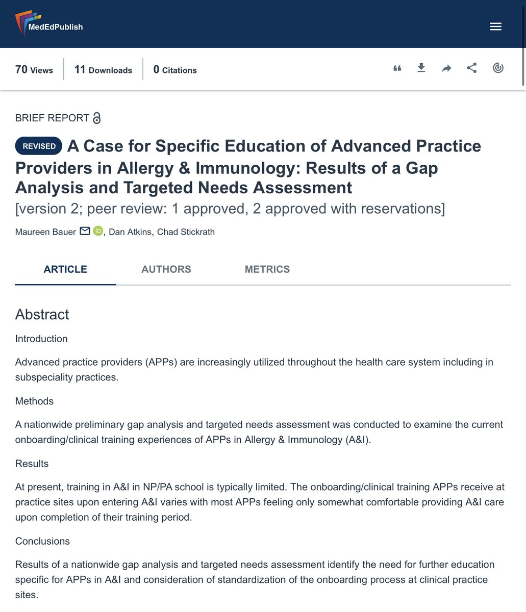 The latest #MedEdPublish journal article, A Case for Specific Education of Advanced Practice Providers in Allergy &amp; Immunology: highlights the need for specialised education to address knowledge gaps and improve care delivery by APPs in this field.

🔗 ow.ly/esa750VyigP