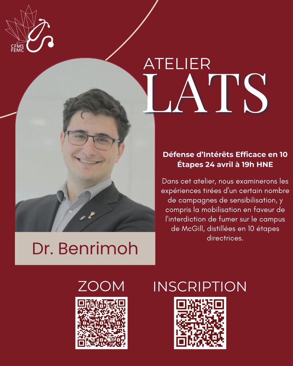 Canadian Medical Students (@cfmsfemc) on Twitter photo 💡LATS workshop
Join us for a powerful session led by Dr. Benrimoh, exploring effective advocacy strategies. 
📅 April 24 at 7PM EST
💡Atelier LATS
Rejoignez-nous pour une session dirigée par le Dr. Benrimoh, sur les stratégies de plaidoyer efficaces. 
📅 24 avril à 19h HNE 💡LATS workshop
Join us for a powerful session led by Dr. Benrimoh, exploring effective advocacy strategies. 
📅 April 24 at 7PM EST
💡Atelier LATS
Rejoignez-nous pour une session dirigée par le Dr. Benrimoh, sur les stratégies de plaidoyer efficaces. 
📅 24 avril à 19h HNE