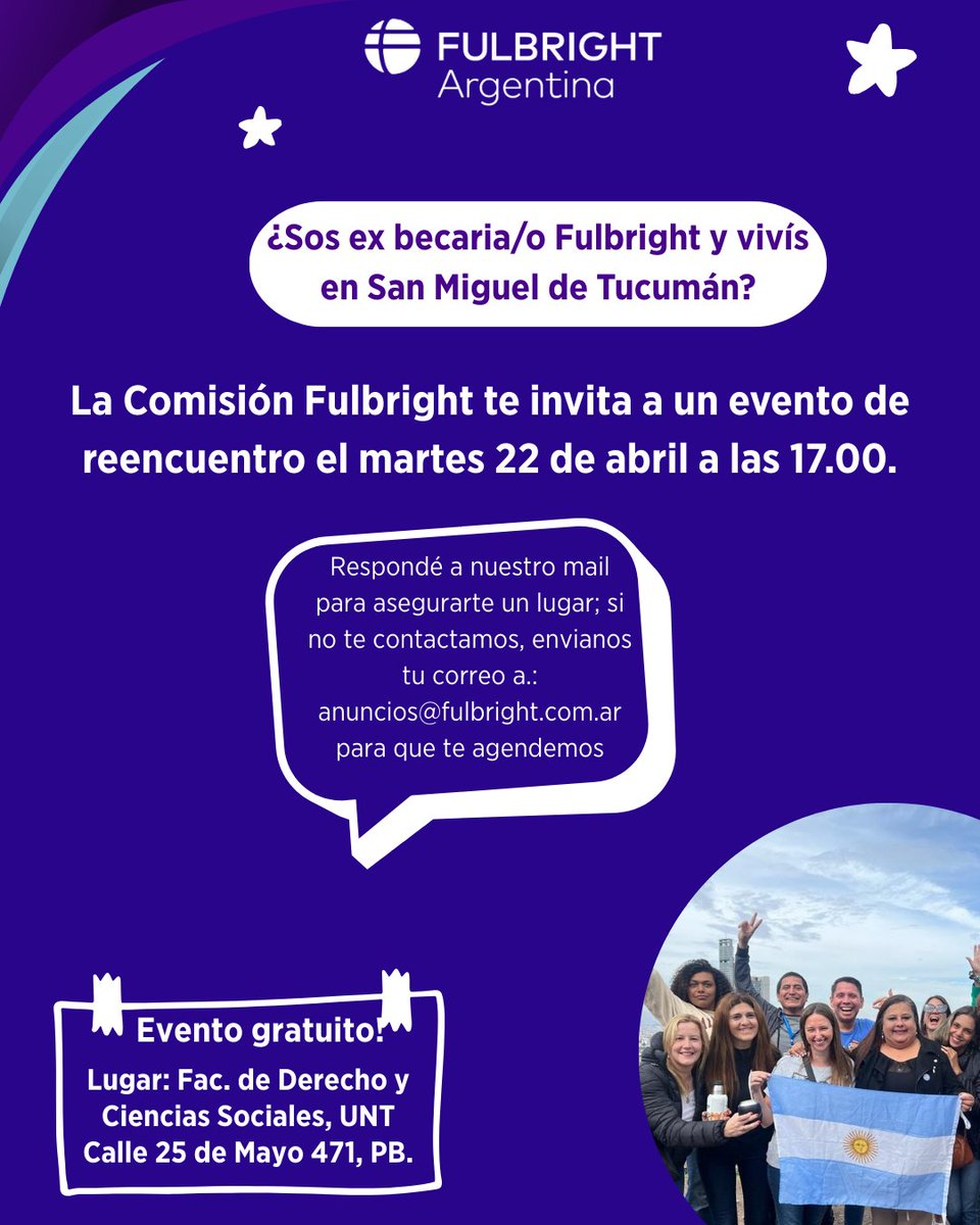 Comisión Fulbright (@fulbrightarg) on Twitter photo 📢 La Comisión Fulbright visitará Tucumán y se reunirá con ex becarios de todos los programas.
Si no recibiste la invitación por mail, escribinos a anuncios@fulbright.com.ar para que te agreguemos.
¡Te esperamos para fortalecer nuestra red de alumni! 📢 La Comisión Fulbright visitará Tucumán y se reunirá con ex becarios de todos los programas.
Si no recibiste la invitación por mail, escribinos a anuncios@fulbright.com.ar para que te agreguemos.
¡Te esperamos para fortalecer nuestra red de alumni!