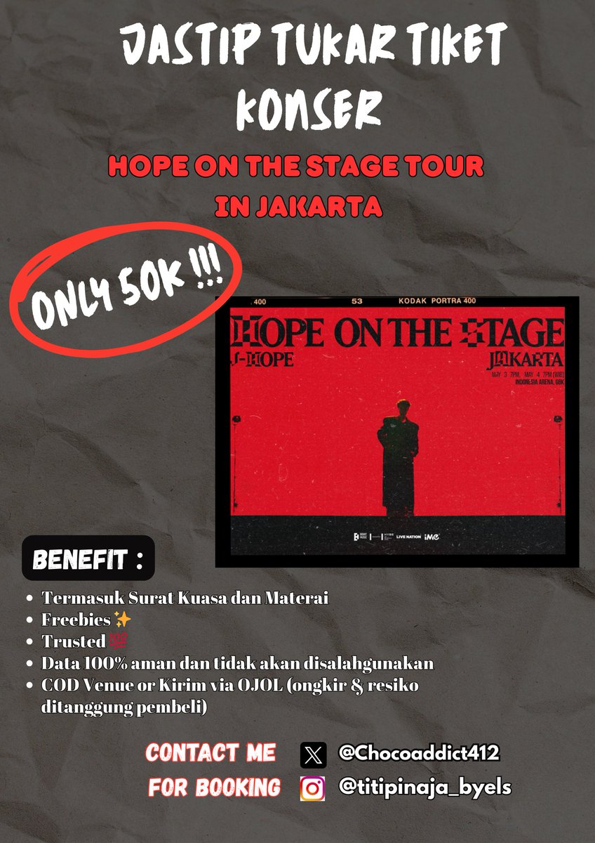 Chocoaddict412's tweet photo. Annyeong yeorobunn! 
Aku open jastip tuker tiket fisik #HOPE_ON_THE_STAGE_TOUR_JAKARTA nih
Dan open rent LS aku juga!
Aku open jastip sekalian tuker tiket aku jugaa, buat yg diluar kota &amp; worry ga sempet bisa bgt jastip di aku yaa #zonauang #jhope_TOUR #HOPE #HOTS_TOUR_MANILA_D2 https://t.co/xQWK8WVdaJ