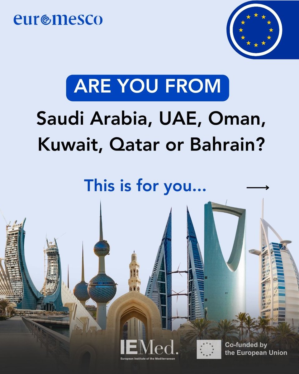 (1/2)📢 Are you from 🇸🇦 🇦🇪 🇴🇲 🇰🇼 🇶🇦 🇧🇭?

We need YOUR priorities to shape regional action on:
🔹Energy
🔹Climate
🔹Trade
🔹Mobility

For the first time, the #EuroMedSurvey has extended participation to the Gulf region — now open until 20 April 2025. 🔔

#Together4Med