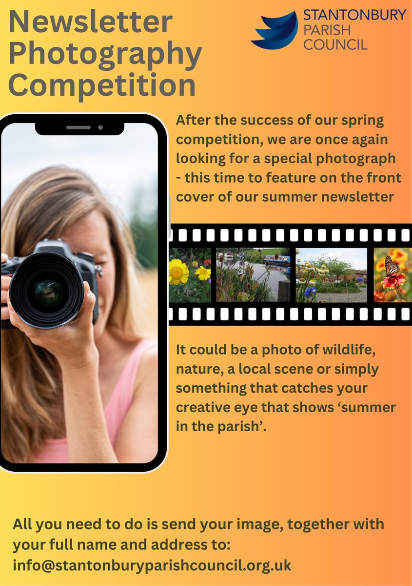 📷Calling All Photographers!🌞

🌞Submit your photo, full name, and address to:
✉️info@stantonburyparishcouncil.org.uk

Let your lens do the talking! 📷
#StantonburySummer #PhotographyCompetition #LocalTalent #SummerInTheParish