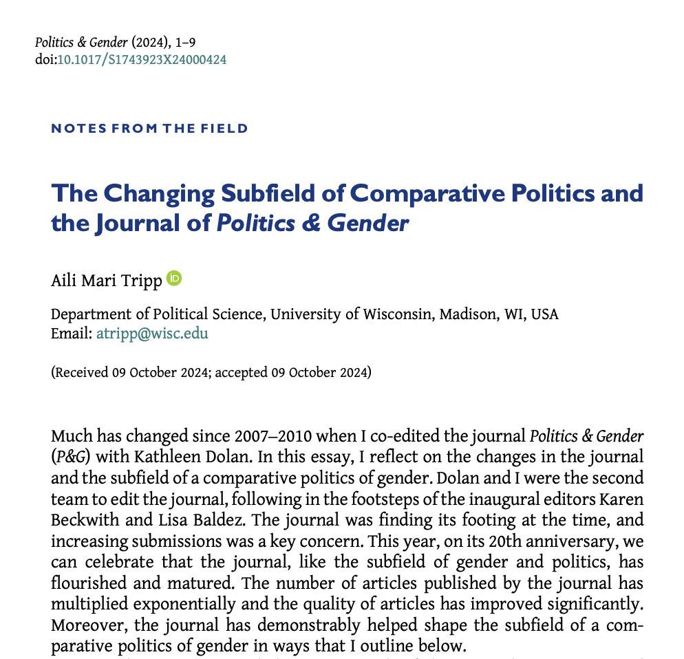 📢New #PAG21 Notes from the Field 📝

Aili Mary Tripp reflects on how the study of the comparative politics of gender has changed over the last 20 years noting the growth of the field and an expansion of the themes and regions studied.

buff.ly/tu1DHwC