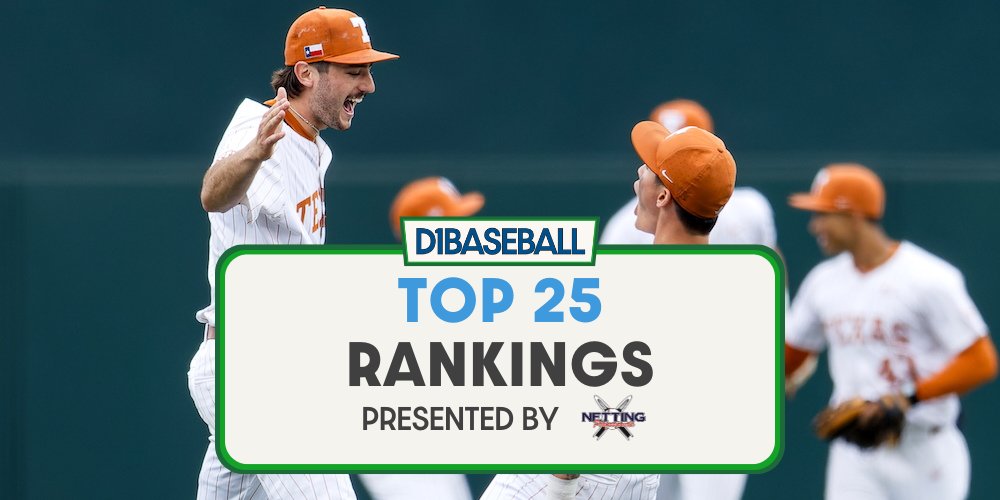 KendallRogers's tweet photo. 🚨🚨LATEST TOP 25🚨🚨

The latest @d1baseball Top 25 Rankings, presented by @NettingPros is OUT!

- @TexasBaseball vault to No. 1
- @AuburnBaseball enters Top 10
- @WVUBaseball @TCU_Baseball both enter

The rest of the Top 25: https://t.co/wrPXVnodhN