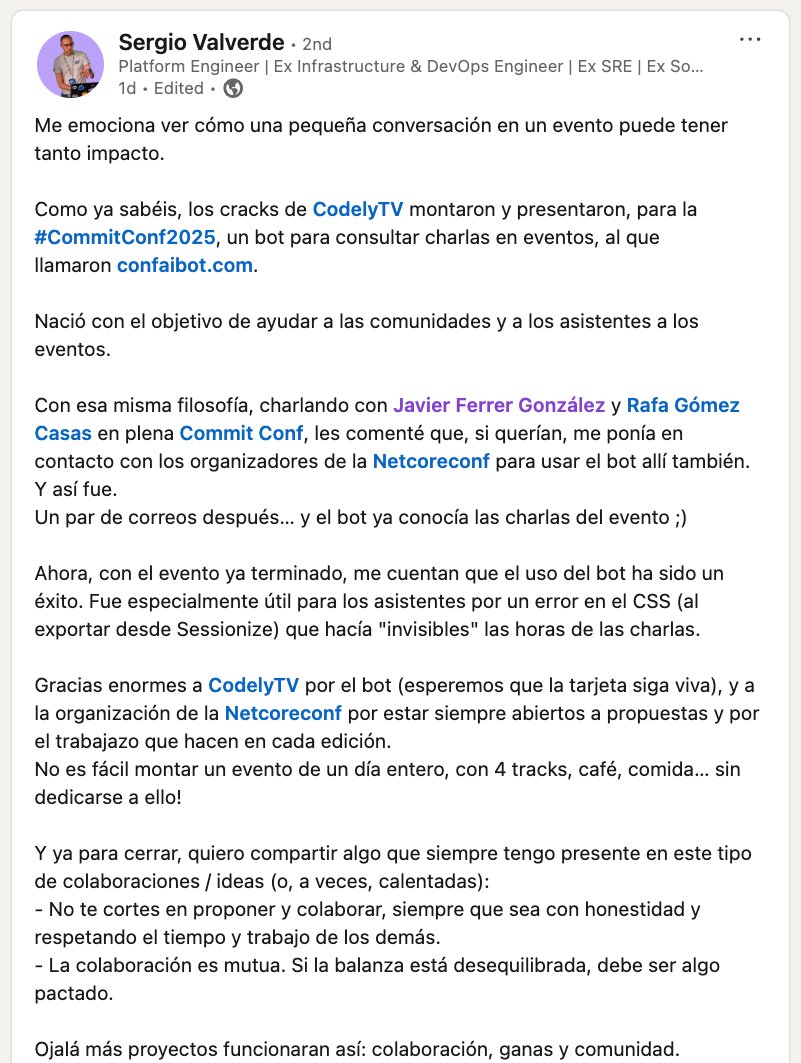 ConfAiBot (@confaibot) on Twitter photo Este fin de semana estuve aportando granito de arena en la #netcoreconf gracias a una conversación con <a href="/svg153/">Sergio Valverde</a>, aquí la intrahistoria 😊
Un lujo poder aportar un granito de arena a comunidades así 🤟 Este fin de semana estuve aportando granito de arena en la #netcoreconf gracias a una conversación con <a href="/svg153/">Sergio Valverde</a>, aquí la intrahistoria 😊
Un lujo poder aportar un granito de arena a comunidades así 🤟