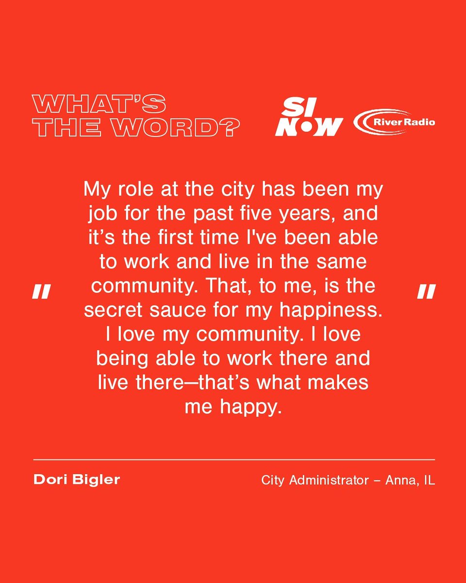 SouthernILNow's tweet image. "Being able to work &amp;amp; live in the same community—THAT is the secret sauce for my happiness." – Dori Bigler, City Administrator, Anna, IL ❤️🏡

What’s the Word? | By SI Now &amp;amp; River Radio 🎙️
Tell us—what makes your community special? ⬇️

#WhatsTheWord #SINow #RiverRadio