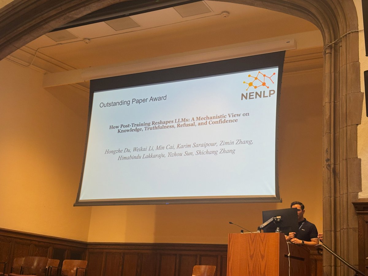 Honored to receive the Outstanding Paper Award at #NENLP2025!

Our paper examines how post-training reshapes #LLMs and reveals mechanistic effects on knowledge, truthfulness, refusal, and confidence. 

Paper: arxiv.org/pdf/2504.02904

#AI #NLP #Interpretability #ExplainableAI