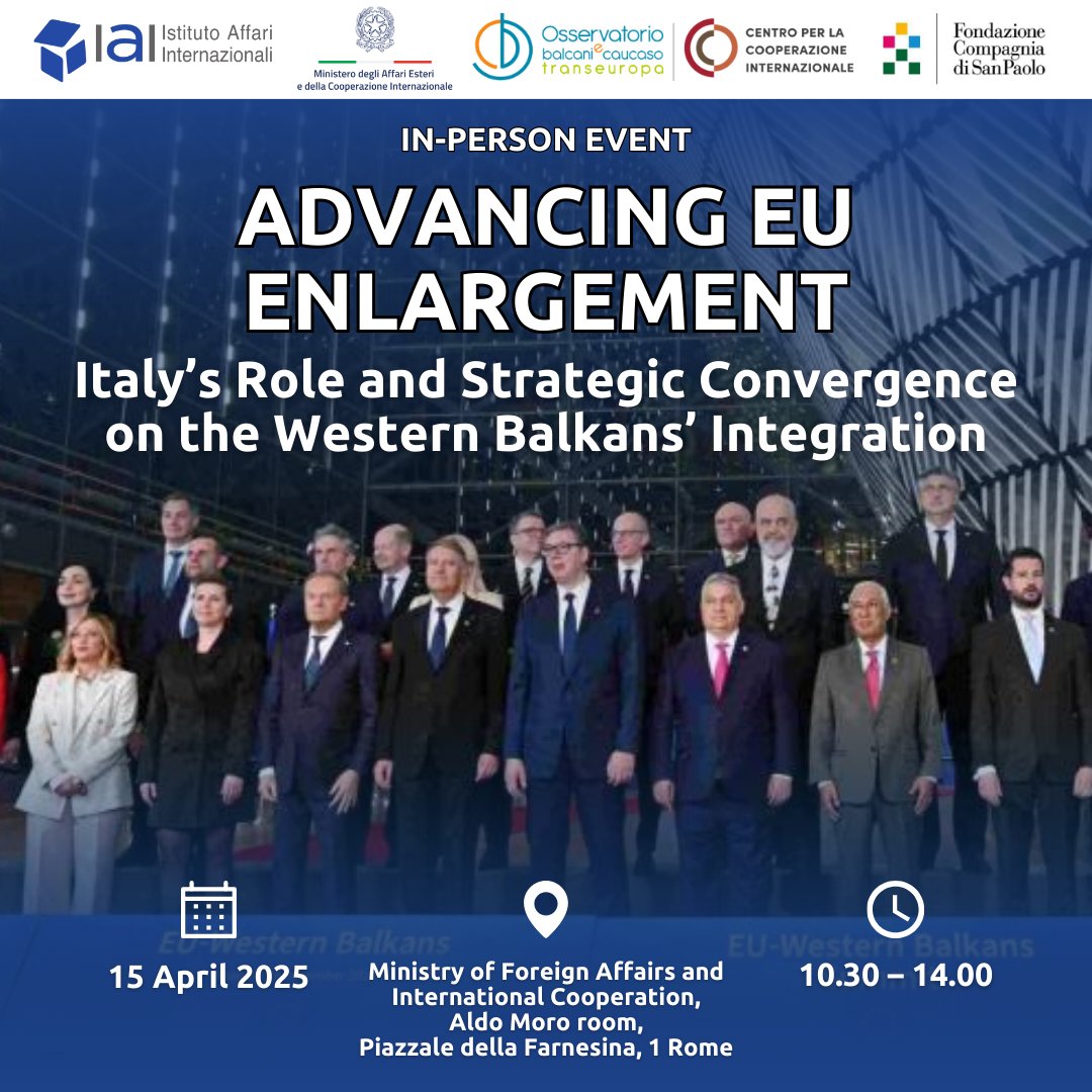 🗓️Happening TOMORROW: conference on EU-Western Balkans cooperation, organized by IAI &amp; <a href="/BalkansCaucasus/">OBC Transeuropa</a> in cooperation with <a href="/ItalyMFA_int/">Italy MFA</a> &amp; the support of <a href="/CSP_live/">Fondazione Compagnia San Paolo</a>

More information: iai.it/en/eventi/adva…