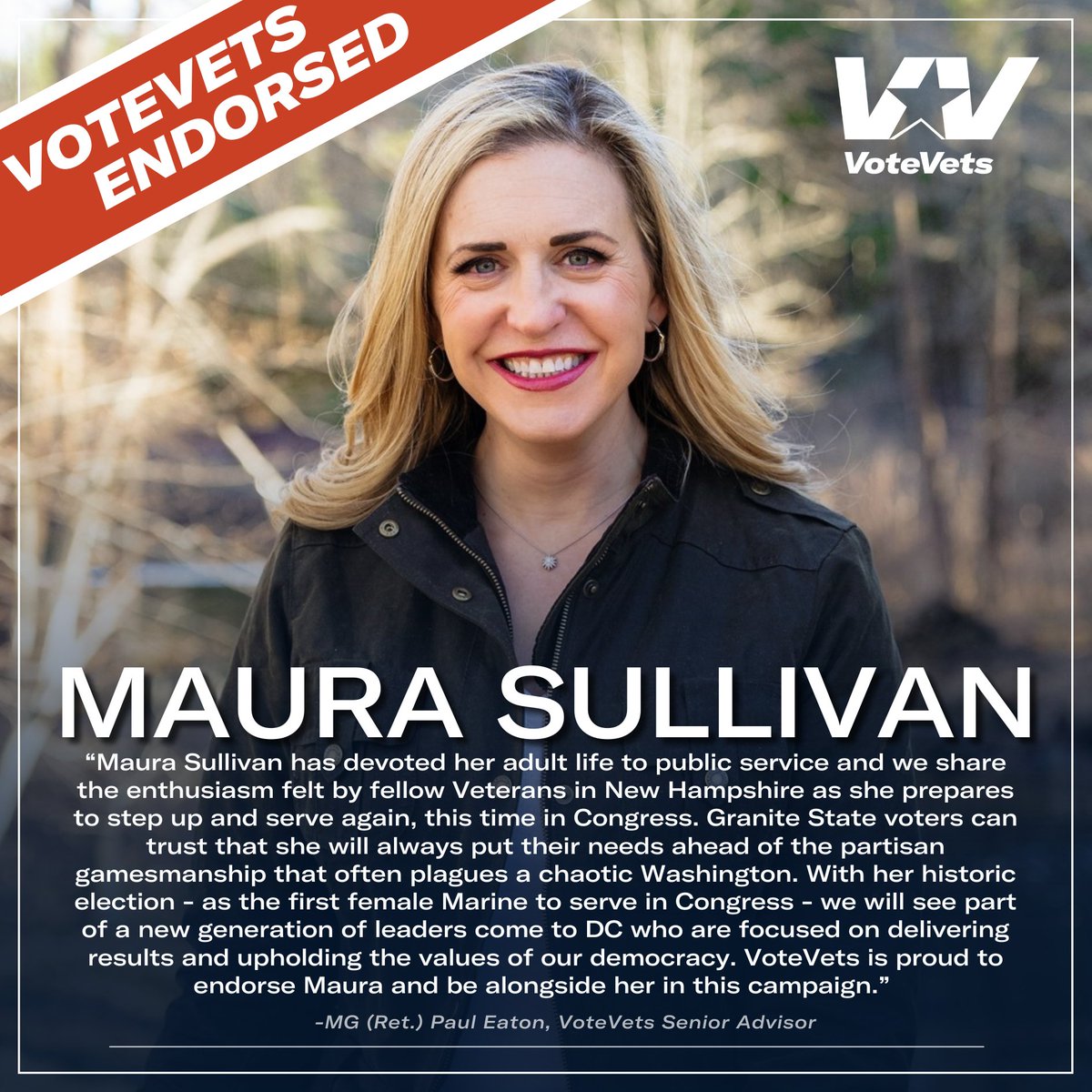 NEW: VoteVets Endorses <a href="/maurasullivan/">Maura C. Sullivan</a> for Congress #NH01🇺🇸
"With her historic election - as the first female Marine to serve in Congress - we will see part of a new generation of leaders come to DC who are focused on delivering results and upholding the values of our democracy."
