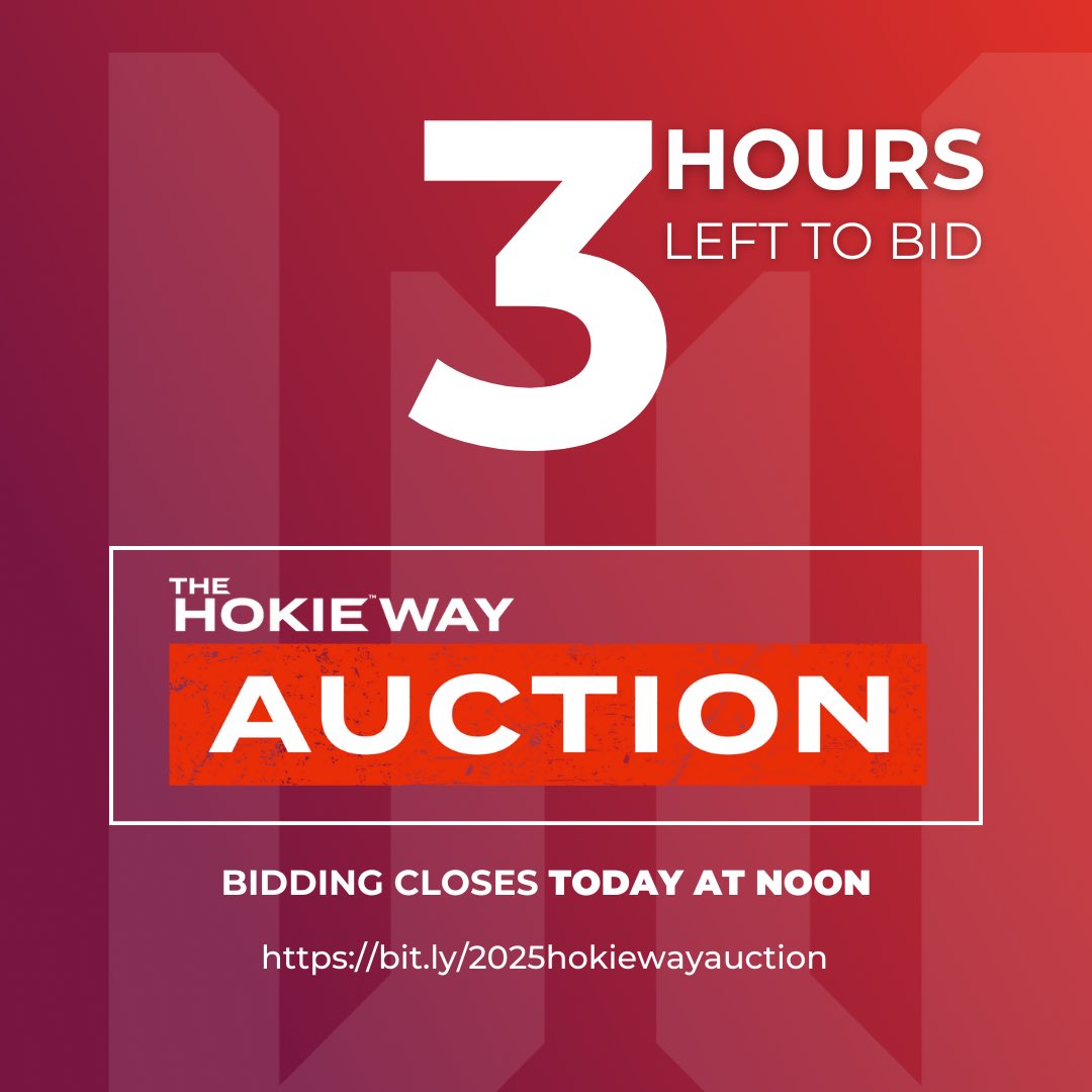 It’s the final countdown for the 2025 Hokie Way Auction!

Don’t miss your chance to bid on exclusive #Hokies experiences and gear, unforgettable vacations, private golf access, and much more.

Bidding closes at noon today!! 

bit.ly/2025hokiewayau…