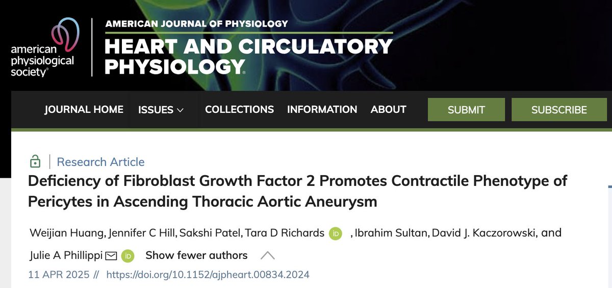 Pitt Cardiothoracic Surgery Department (@upmc_ctsurgery) on Twitter photo Fibroblast growth factor 2 is a protective factor that is decreased in aortic adventitia of patients with ascending thoracic aortic aneurysm
🔗: pubmed.ncbi.nlm.nih.gov/40214073/
<a href="/JuliePhillippi/">Julie Phillippi</a> <a href="/IbrahimSultanMD/">Ibrahim Sultan</a> <a href="/DavidKaczoro/">David Kaczorowski</a> <a href="/HviUpmc/">UPMC Heart and Vascular Institute</a> <a href="/PittBioE/">Pitt Bioengineering</a> <a href="/APSPhysiology/">American Physiological Society</a> #Aneurysm #Pericyte #ATAA Fibroblast growth factor 2 is a protective factor that is decreased in aortic adventitia of patients with ascending thoracic aortic aneurysm
🔗: pubmed.ncbi.nlm.nih.gov/40214073/
<a href="/JuliePhillippi/">Julie Phillippi</a> <a href="/IbrahimSultanMD/">Ibrahim Sultan</a> <a href="/DavidKaczoro/">David Kaczorowski</a> <a href="/HviUpmc/">UPMC Heart and Vascular Institute</a> <a href="/PittBioE/">Pitt Bioengineering</a> <a href="/APSPhysiology/">American Physiological Society</a> #Aneurysm #Pericyte #ATAA
