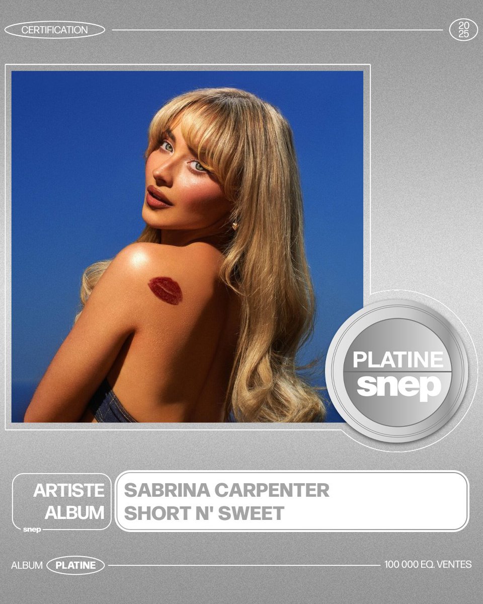 L’album « Short N’ Sweet » de Sabrina Carpenter est certifié Platine ! 💿

100 000 équivalents ventes 📈

Bravo ! 👏