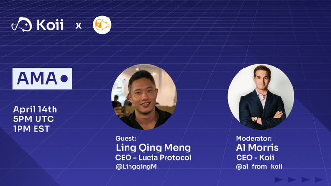 🚀 Lucia Protocol x Koii Foundation X 스페이스!
 주제: 더 스마트한 Web3 만들기

AI 에이전트와 zk 기술로 dApp의 사용자 이해 &amp; 소통 방식 혁신!

🗓 4월 14일 월요일 동부시간 오후1
🎙 게스트: Lucia CEO <a href="/LingqingM/">Ling Qing Meng</a>
🎤진행: Koii CEO <a href="/al_from_koii/">al 🎏 🔥</a>
🔔알림 설정하기x.com/i/spaces/1ynJO…