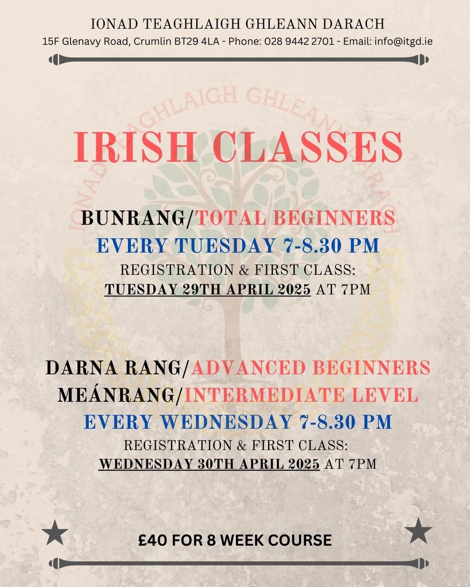 Ionad Teaghlaigh Ghleann Darach (@ionadghleannd) on Twitter photo 📢Ranganna Gaeilge - téarma nua i ndiadh na Cásca
📢Irish Classes - new term after Easter (this will be a shorter term due to Easter being late this year) - see details below <a href="/AntrimGuardian/">Antrim Guardian</a> <a href="/ANBorough/">Antrim & Newtownabbey Borough Council</a> 📢Ranganna Gaeilge - téarma nua i ndiadh na Cásca
📢Irish Classes - new term after Easter (this will be a shorter term due to Easter being late this year) - see details below <a href="/AntrimGuardian/">Antrim Guardian</a> <a href="/ANBorough/">Antrim & Newtownabbey Borough Council</a>