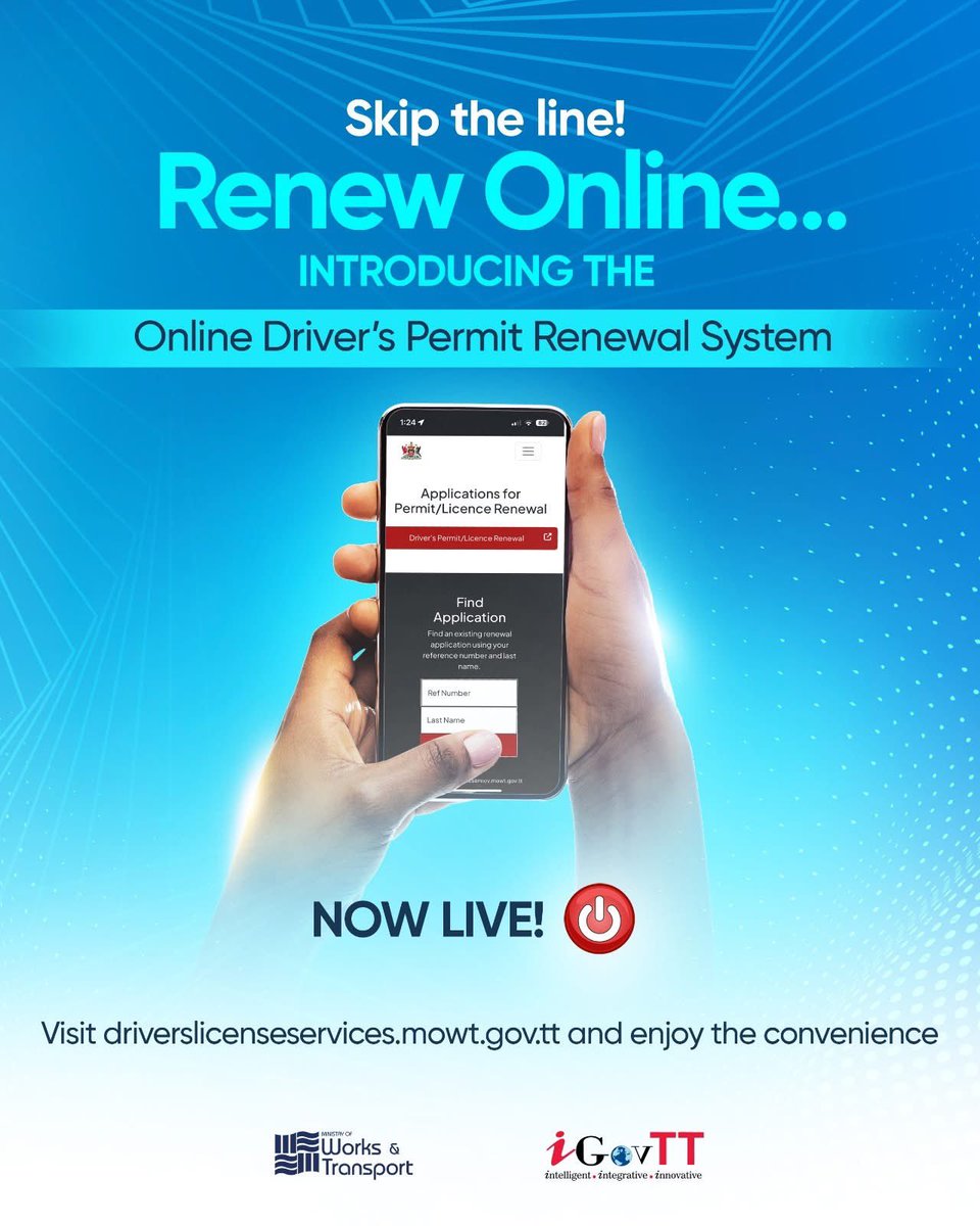 Today, we celebrate alongside the MOWT as they launch Phase 1 of the ODPRS. 

This is the most recent of iGovTT's software solutions delivered in the past year, joining the CSME and Cybersecurity Investment Tax allowance solutions.

Renew your permit now: driverslicenseservices.mowt.gov.tt