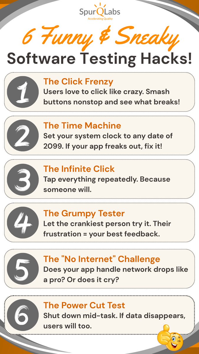 Silent_Hacker01's tweet image. 6 Funny and Sneaky Software Testing Hacks.💡
.
.
.
.
#softwaretesting #softwaretestingservices #sosftwaretestingcompany #SpurQLabs #testautomation #tester #sdet #softwaretester #hacks #testinghacks #funny