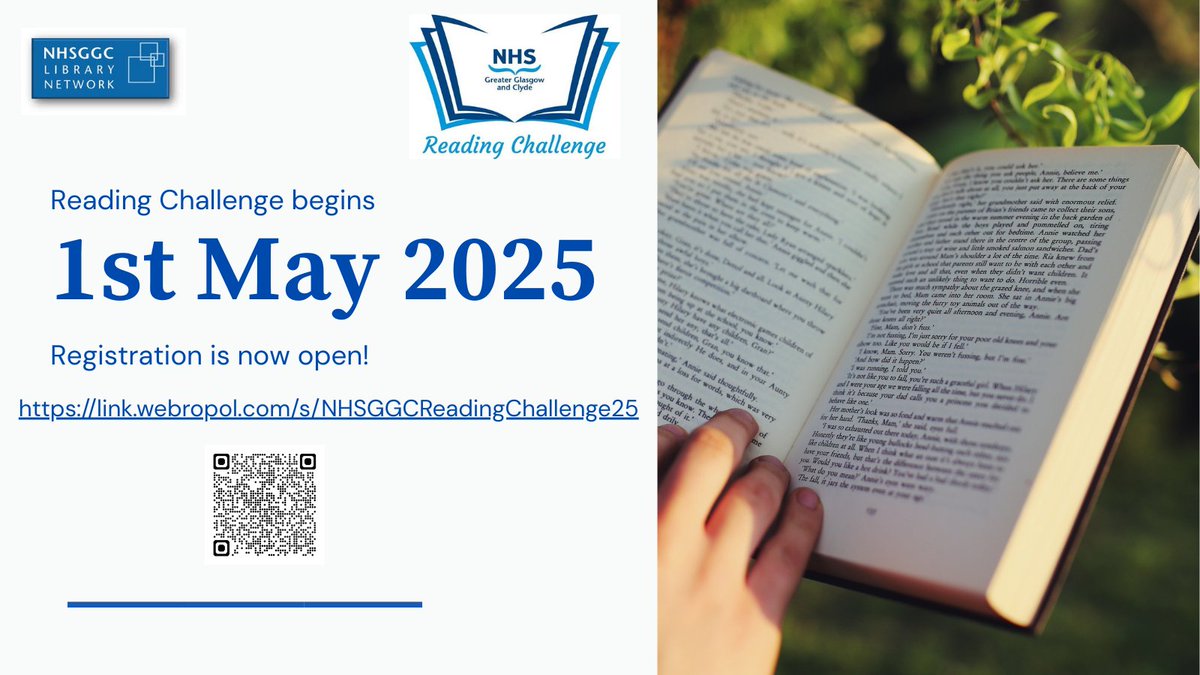 NHSGGC Libraries (@nhsggclibrary) on Twitter photo Registration is now open for 2025 Reading Challenge.
link.webropol.com/s/NHSGGCReadin… <a href="/NHSGGC_HWL/">Healthy Working Lives #NHS_GGC_HWL</a> Registration is now open for 2025 Reading Challenge.
link.webropol.com/s/NHSGGCReadin… <a href="/NHSGGC_HWL/">Healthy Working Lives #NHS_GGC_HWL</a>