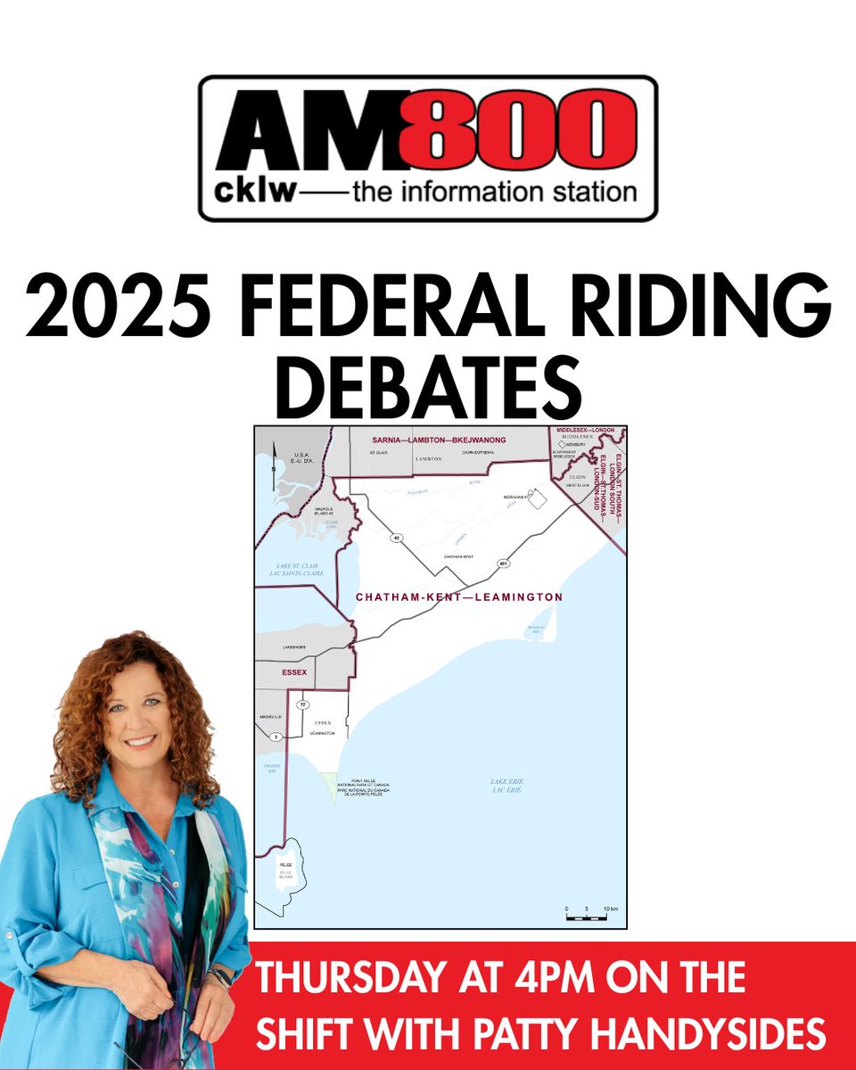 AM800 CKLW (@am800cklw) on Twitter photo Hear from your local candidates ahead of voting day!
Tune in to The Shift with <a href="/phandysides1/">Patty Handysides</a> all this week for Riding Debates.
Monday: Windsor-Tecumseh-Lakeshore
Tuesday: Windsor-West
Wednesday: Essex
Thursday: Chatham-Kent-Leamington Hear from your local candidates ahead of voting day!
Tune in to The Shift with <a href="/phandysides1/">Patty Handysides</a> all this week for Riding Debates.
Monday: Windsor-Tecumseh-Lakeshore
Tuesday: Windsor-West
Wednesday: Essex
Thursday: Chatham-Kent-Leamington