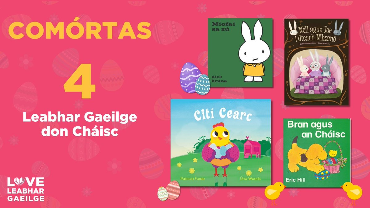 Tá 4 leabhar álainn againn don Cháisc le buachan 🐇💖

Idir scéalta faoi chuardach uibheacha Cásca, turas chuig an zú, cearc ar bís agus beirt choinín óga ag fanacht thar oíche i dteach Mhamó.

Téigh go cuntas Instagram #LoveLeabharGaeilge le tuilleadh eolais a fháil.

#Comórtas