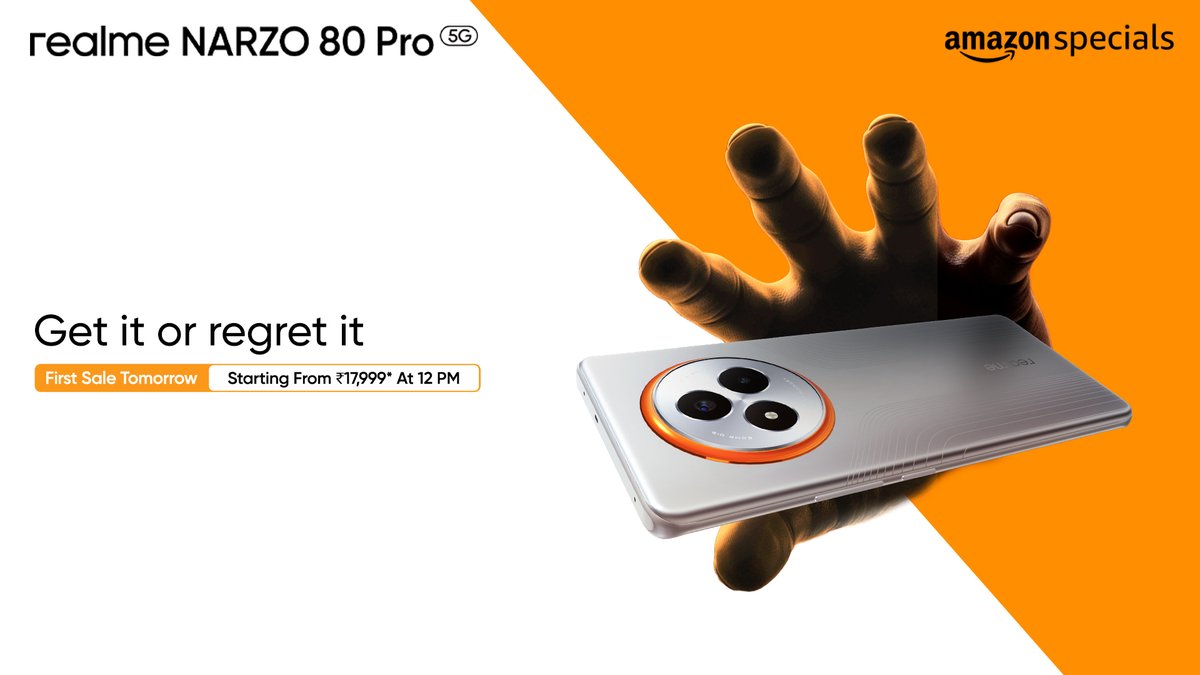 realme narzo India (@realmenarzoin) on Twitter photo Get it or regret it ā no second chances.
#realmeNARZO80Pro5G first sale goes live tomorrow at 12PM.
#ReadyToWin
Starting at ā¹17,999*
Know More:
realme.com: bit.ly/4ct8YQc
<a href="/amazonIN/">Amazon India</a> : bit.ly/42thxpL Get it or regret it ā no second chances.
#realmeNARZO80Pro5G first sale goes live tomorrow at 12PM.
#ReadyToWin
Starting at ā¹17,999*
Know More:
realme.com: bit.ly/4ct8YQc
<a href="/amazonIN/">Amazon India</a> : bit.ly/42thxpL