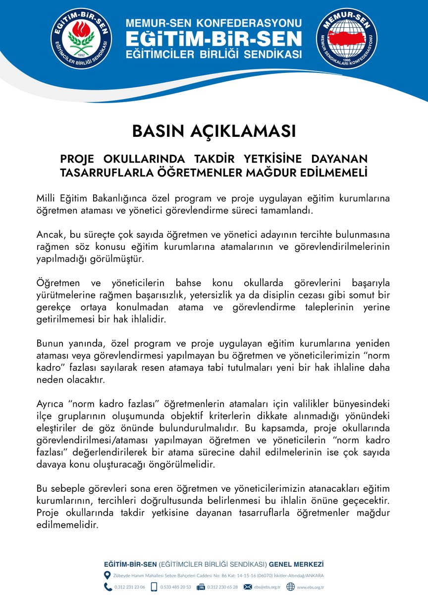 BASIN AÇIKLAMASI

PROJE OKULLARINDA TAKDİR YETKİSİNE DAYANAN TASARRUFLARLA ÖĞRETMENLER MAĞDUR EDİLMEMELİ

ebs.org.tr/haber/proje-ok…