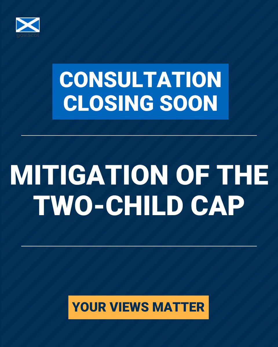 Consultation closing soon!

'Mitigation of the two-child cap' closes on 18 April.

Find out more and respond to this consultation on Citizen Space: consult.gov.scot/social-securit…

<a href="/scotgov/">Scottish Government</a> 
<a href="/ScotGovFairer/">Scot Gov Fairer</a>