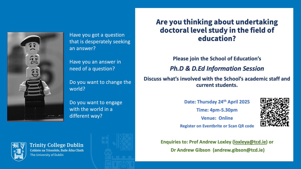 SchoolofEdTCD's tweet image. We are hosting a webinar for those interested in pursuing doctoral-level study. This information session will explore the structure of our two programmes, the Ph.D and the D.Ed, along with their entry requirements. Register now eventbrite.ie/e/phd-ded-info…