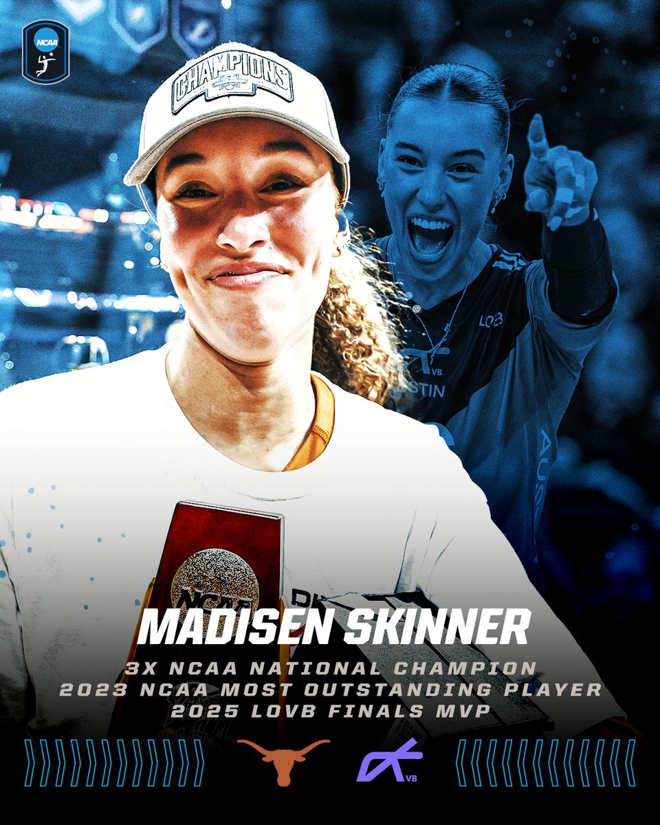 NCAAVolleyball's tweet photo. Madisen. Skinner.

The 3x NCAA Champion and 2023 Most Outstanding Player was named the MVP of the first-ever #LOVBFinals after leading @lovbatx to the @leagueonevb crown.

#NCAAWVB x @TexasVolleyball https://t.co/fwWP43BGzL
