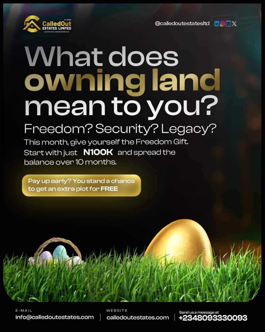 CalledOutRealty's tweet photo. What does owning land mean to you?
Freedom? Security? Legacy?

Then consider this your FREEDOM gift to yourself —
Start with just ₦100K and secure land in Epe.
No interest. 10-month flexible plan.

Peace of mind is calling.✨

#CalledOutEstatesLtd #EpeLand #RealEstateNaija https://t.co/gB0ED3kVn3
