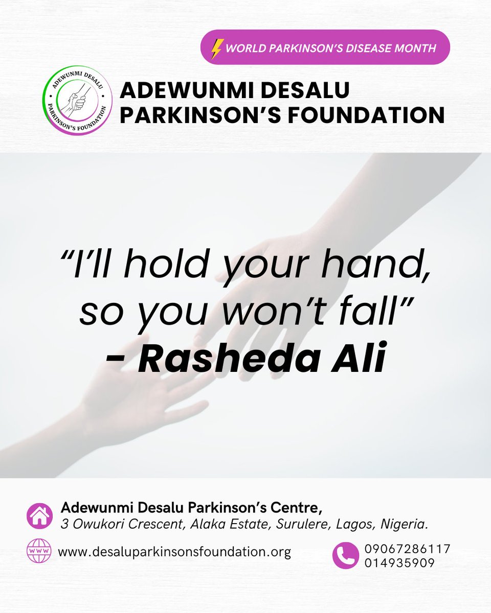 Adewunmi Desalu Parkinson's Foundation (@adpforg) on Twitter photo For us, this quote by <a href="/rashedaali/">RASHEDA ALI™</a> is our daily commitment. To every Nigerian living with Parkinson’s Disease, to every caregiver, child, spouse, friend — we see you.
Through care & education, we’re building a safe space where no one has to experience Parkinson’s without support. For us, this quote by <a href="/rashedaali/">RASHEDA ALI™</a> is our daily commitment. To every Nigerian living with Parkinson’s Disease, to every caregiver, child, spouse, friend — we see you.
Through care & education, we’re building a safe space where no one has to experience Parkinson’s without support.