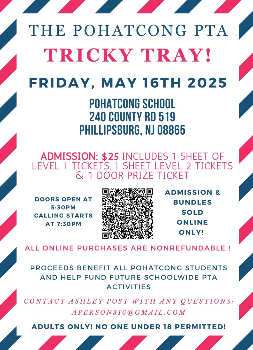 No plans for Friday, May 16th? Come out to our Annual Tricky Tray!
Get your tickets!!! ADMISSION TICKETS and BUNDLES will NOT be sold at the door! However, extra prize tickets will be available for sale @ the event! Hope to see you there! 🎟️ 

pohatschool.memberhub.com/store?limit=21…
