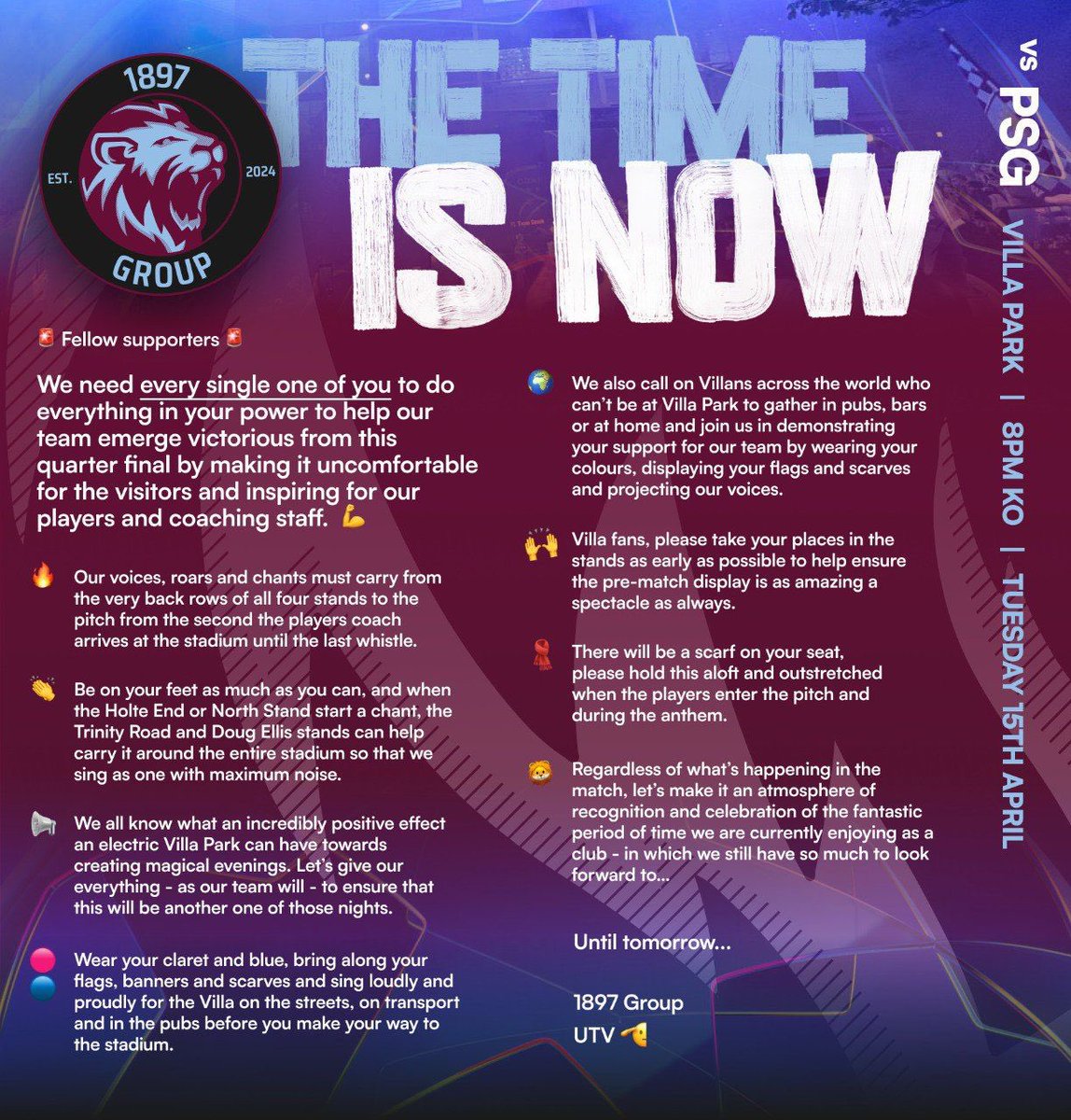 VP1897's tweet image. 🚨 Aston Villa - Paris SG 15/04/25
All Villans please read and spread the word 💪
🚨
#avfc #utv #1897Group #AVFCPSG #AVLPSG