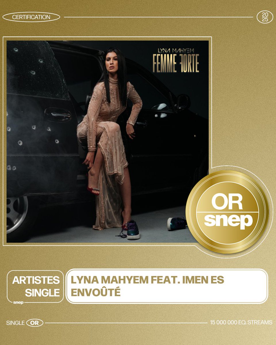 Le titre « Envoûté » de Lyna Mahyem feat. Imen Es est certifié Single Or ! 📀

15 000 000 équivalents streams 🎧

Bravo ! 👏